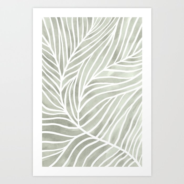 Sage green leaf line art Art Print