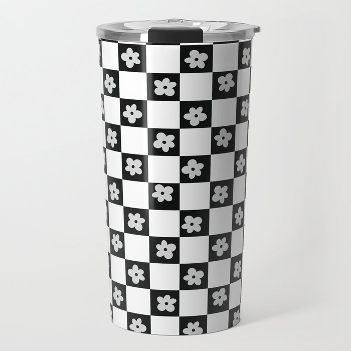 Retro Daisy Checker Chess Pattern - Black and White Travel Mug