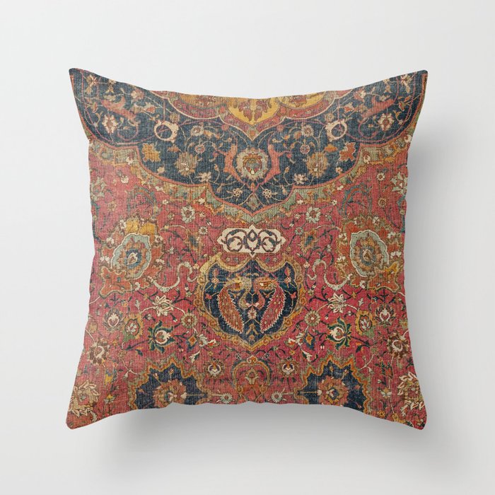Persian Medallion Rug I // 16th Century Distressed Red Green Blue Flowery Colorful Ornate Pattern Throw Pillow