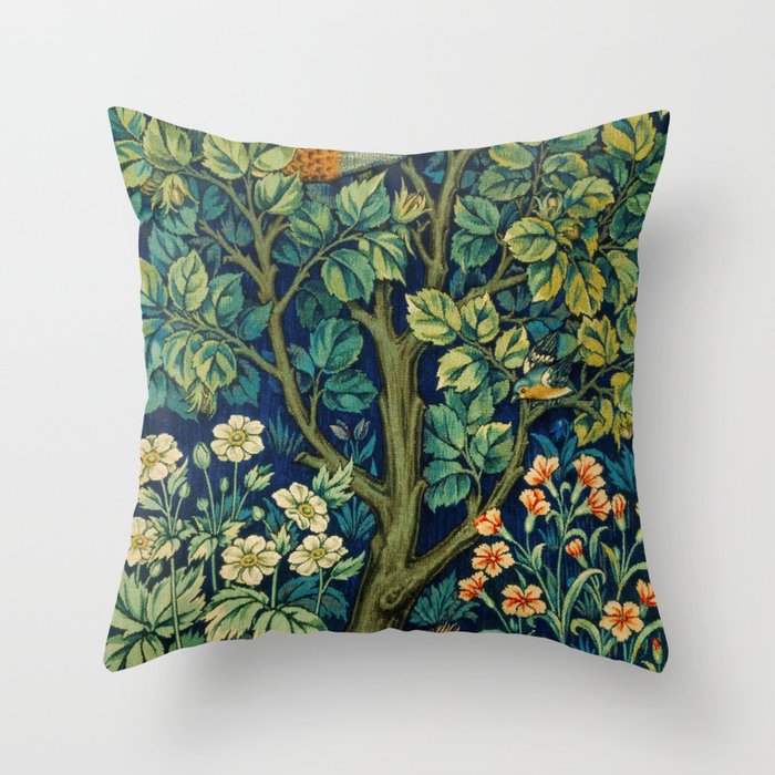 William Morris and John Henry Dearle's Cock Pheasant 19th Century textile floral woodland fabric artwork  Throw Pillow