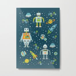 Robots in Space - Blue + Green Metal Print