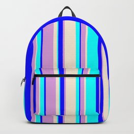 [ Thumbnail: Aqua, Beige, Plum & Blue Colored Lined Pattern Backpack ]