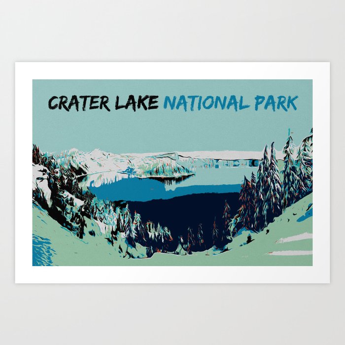 Crater Lake National Park Illustration, Oregon USA Art Print