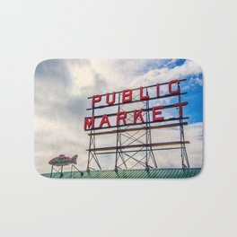 {The Seattle Collection} Pike Place Market #1 Bath Mat | Digital, Pikeplacemarket, Pikeplace, Seattlewashington, Color, Fishmarket, Bluesky, Washington, Sky, Photo 