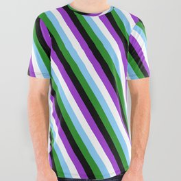 [ Thumbnail: Eye-catching Dark Orchid, White, Light Sky Blue, Forest Green, and Black Colored Stripes Pattern All Over Graphic Tee ]