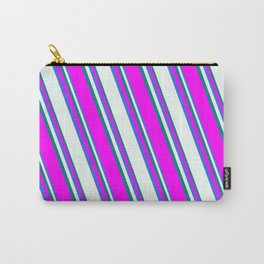 [ Thumbnail: Royal Blue, Mint Cream, Teal, and Fuchsia Colored Lined Pattern Carry-All Pouch ]