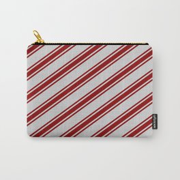 [ Thumbnail: Light Grey and Dark Red Colored Striped Pattern Carry-All Pouch ]