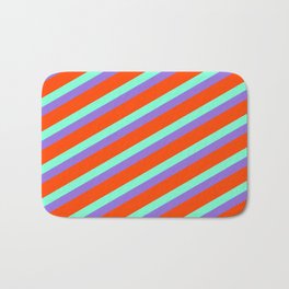 [ Thumbnail: Purple, Red, and Aquamarine Colored Stripes Pattern Bath Mat ]