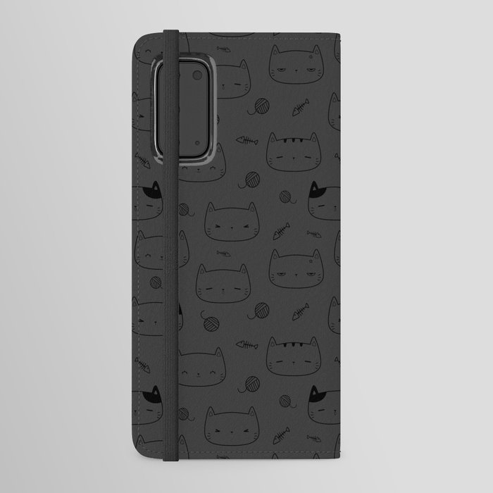 Dark Grey and Black Doodle Kitten Faces Pattern Android Wallet Case