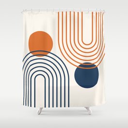 Mid Century Modern Geometric 199 in Navy Blue Orange Shower Curtain