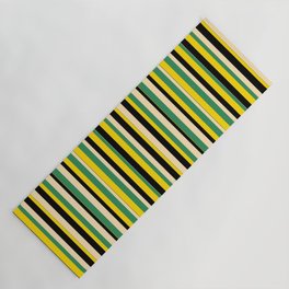 [ Thumbnail: Sea Green, Beige, Black & Yellow Colored Pattern of Stripes Yoga Mat ]