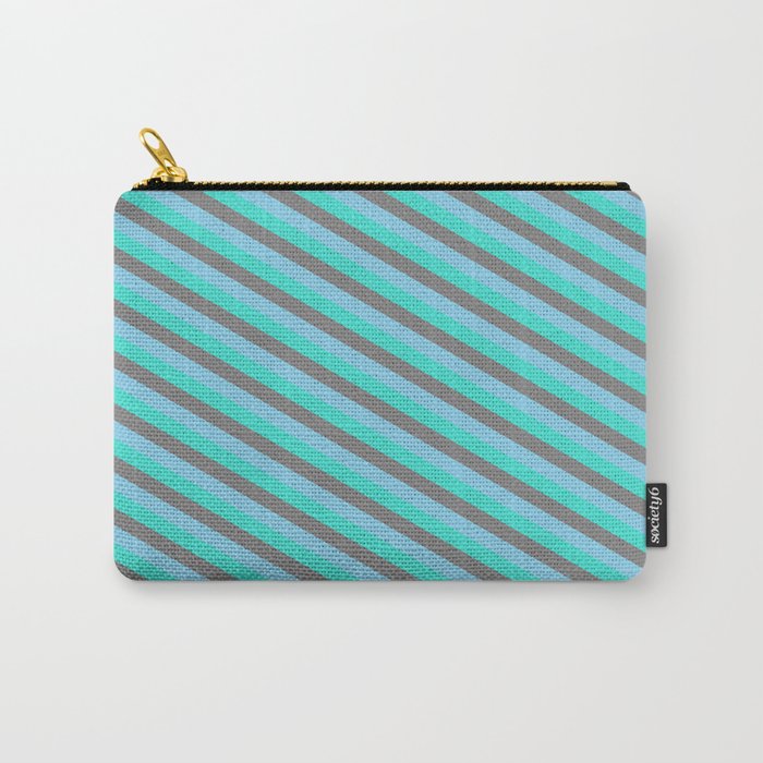 Turquoise, Grey & Sky Blue Colored Striped Pattern Carry-All Pouch