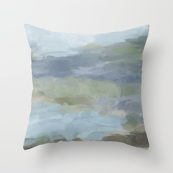 Summer at the Lake II - Sky Gray Blue Sage Green Abstract Wall Art, Painting Nature Print Portrait Throw Pillow