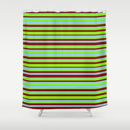 [ Thumbnail: Sky Blue, Green & Dark Red Colored Lined Pattern Shower Curtain ]