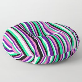 [ Thumbnail: Eye-catching Green, Lavender, Indigo, Hot Pink & Black Colored Lines/Stripes Pattern Floor Pillow ]