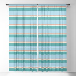 [ Thumbnail: Coral, Beige, Dark Cyan & Sky Blue Colored Stripes Pattern Sheer Curtain ]