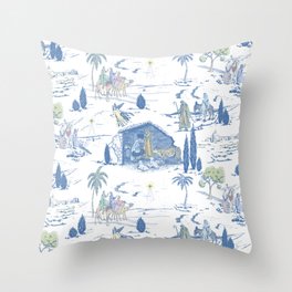 Toile Nativity Story of Jesus' Birth in Blue with Color Accents Throw Pillow