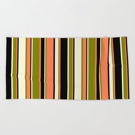 [ Thumbnail: Beige, Green, Coral & Black Colored Stripes Pattern Beach Towel ]