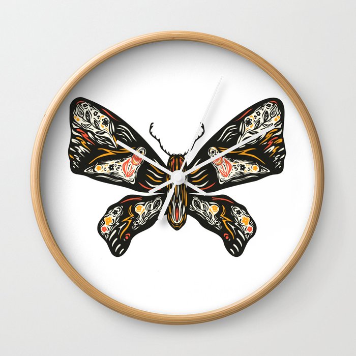 Colorful Butterfly with colored ornament. Hand drawn linocut illustration Wall Clock