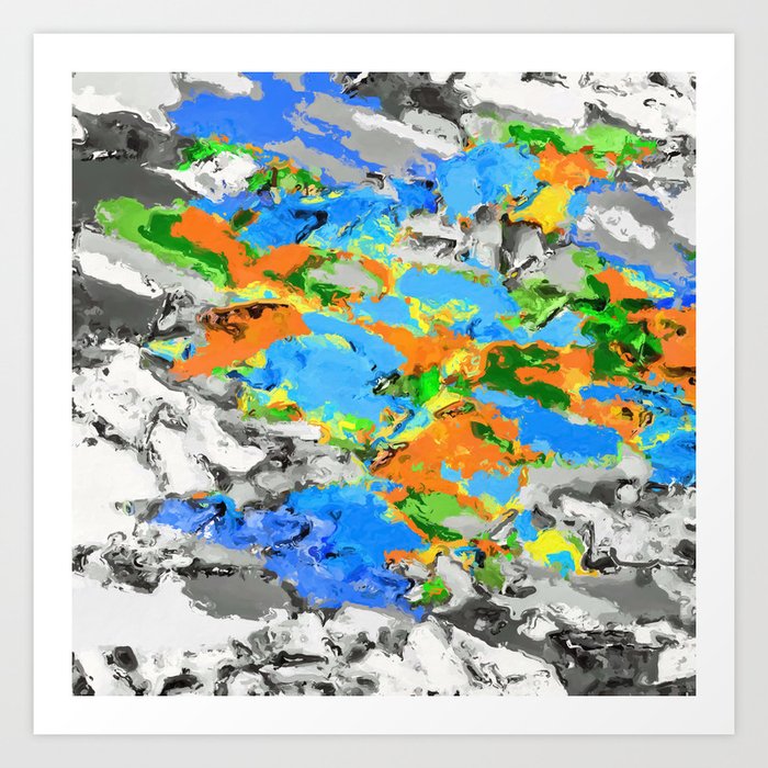 psychedelic splash painting abstract texture in blue green orange yellow black Art Print