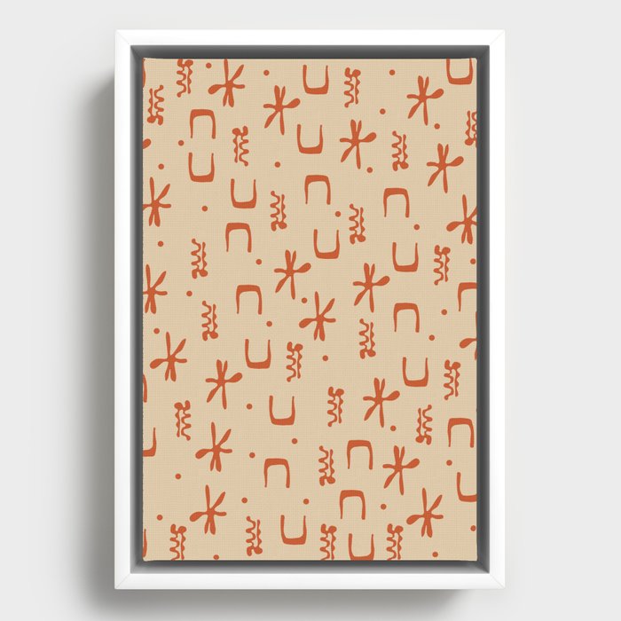 Organic Hieroglyph Abstract Pattern in Mid Mod Burnt Orange and Beige Framed Canvas