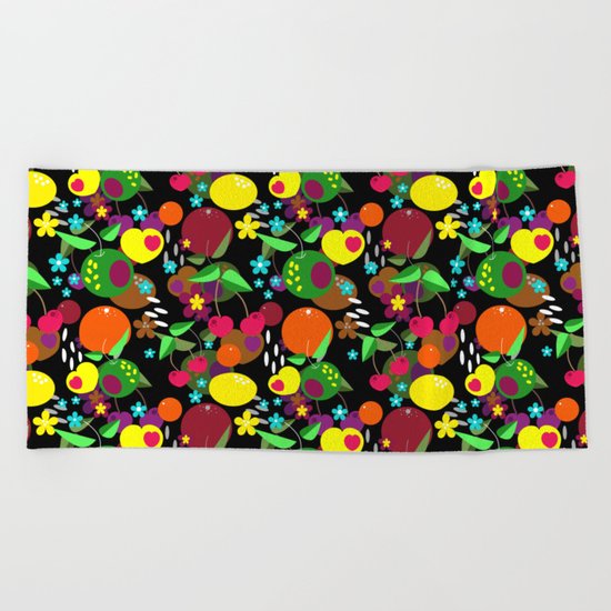 Fruit berry pattern on black . Beach Towel