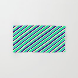 [ Thumbnail: Turquoise, Indigo, Bisque & Green Colored Lines Pattern Hand & Bath Towel ]