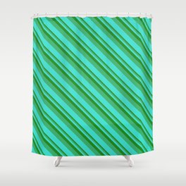 [ Thumbnail: Forest Green, Sea Green & Turquoise Colored Lined Pattern Shower Curtain ]