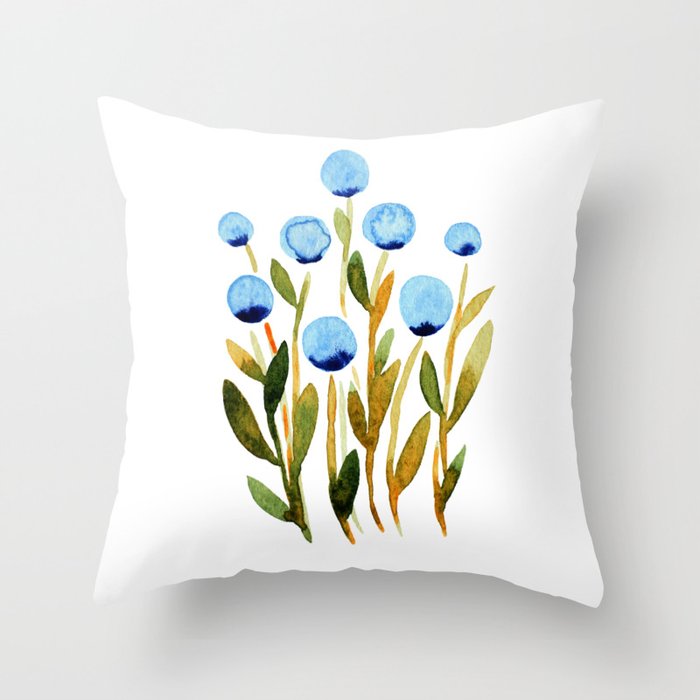 Simple watercolor flowers - blue and sap green Throw Pillow