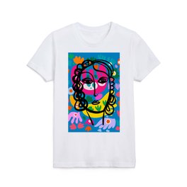 Line Art Portrait of a French Girl with Abstract Flowers  Kids T Shirt