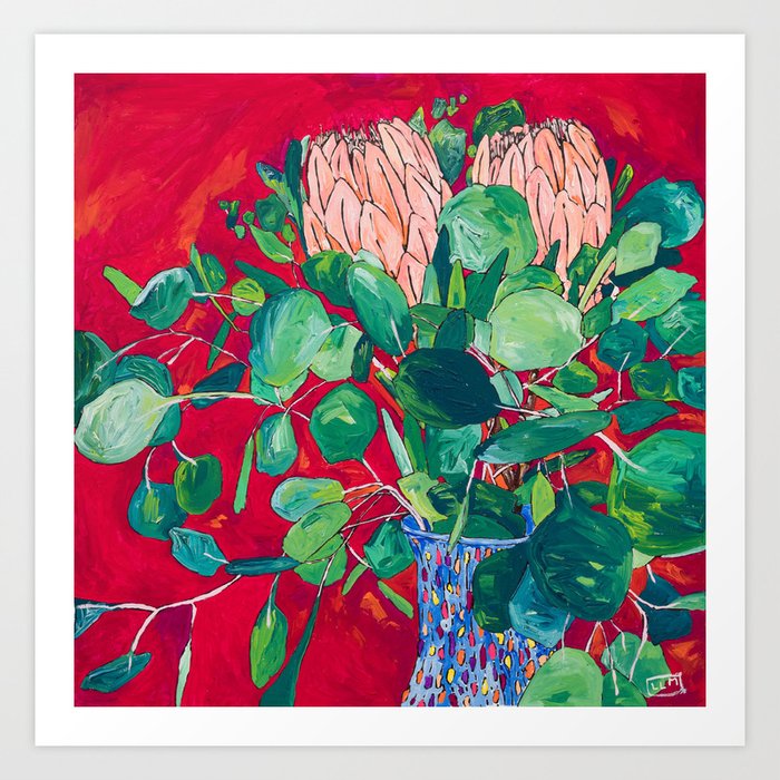 Two Proteas on Red, Pink, and Purple Floral Still Life with Fynbos Art Print