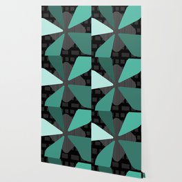 Mid Century Modern ‘Petals’ Art Black Turquoise Wallpaper