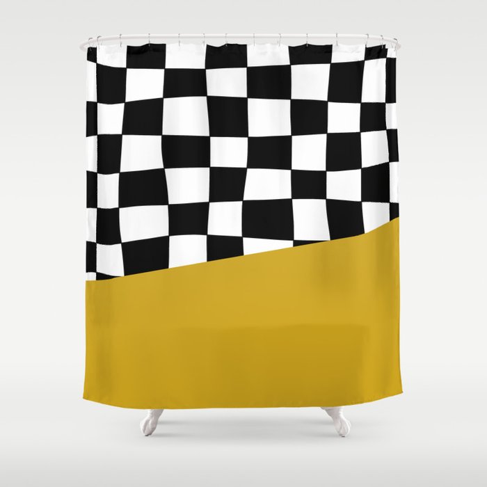 Checkered Stripe Block (mustard yellow/black/white) Shower Curtain