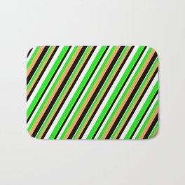 [ Thumbnail: Brown, Black, White & Lime Colored Lined/Striped Pattern Bath Mat ]