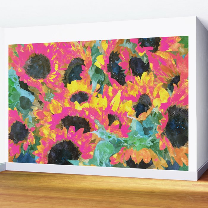 Pink Sunflowers Painting Nature Digitalart Wall Mural By