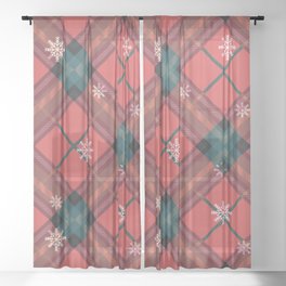 Christmas Winter Snowflakes Red Buffalo Plaid Check Pattern Sheer Curtain