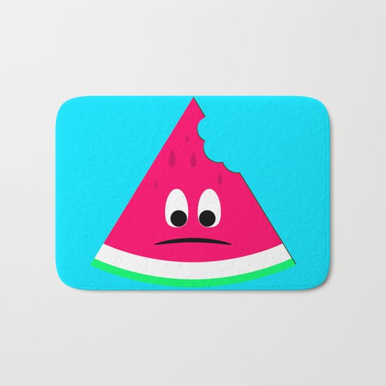 Cute sad bitten piece of watermelon Bath Mat