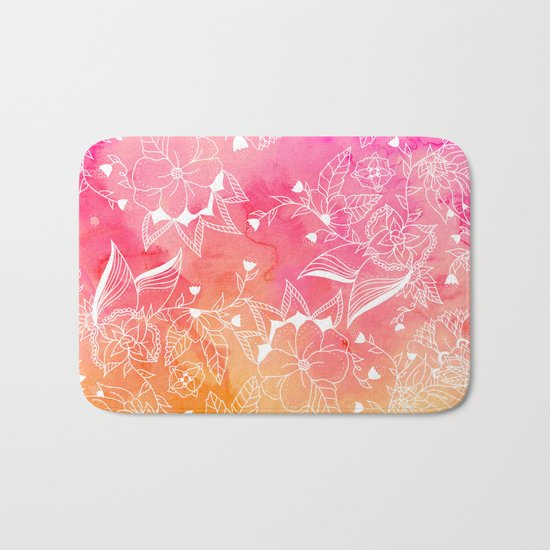 Modern summer pink orange sunset watercolor floral hand drawn illustration Bath Mat