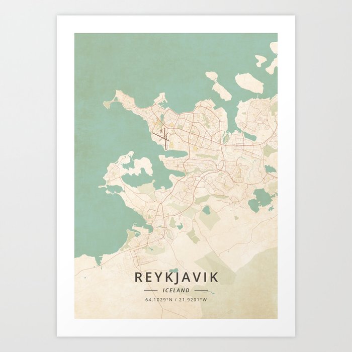 Reykjavik, Iceland - Vintage Map Art Print