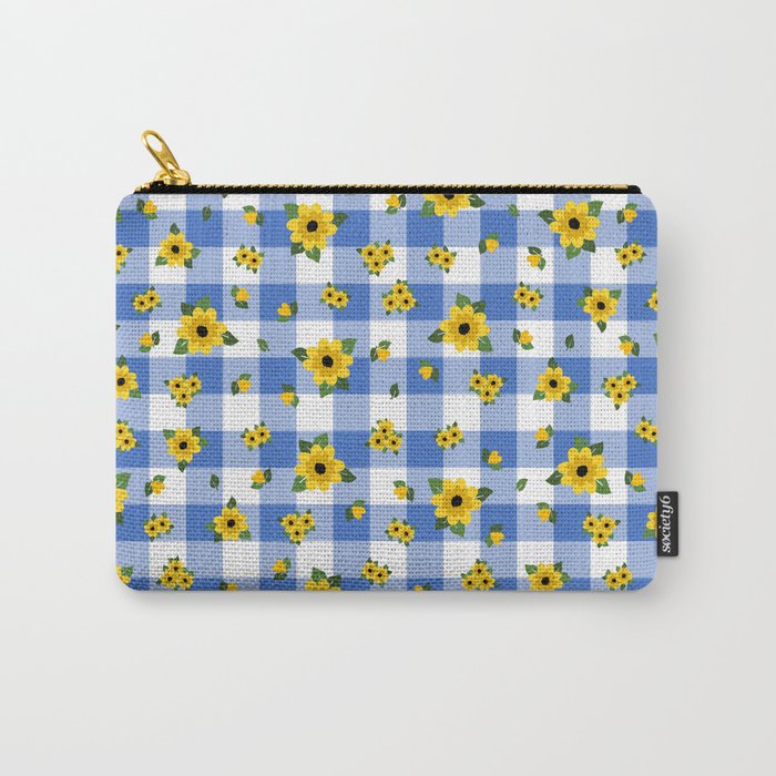 Yellow Flowers All Over - blue check Carry-All Pouch