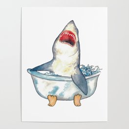 Shark taking bath watercolor Poster
