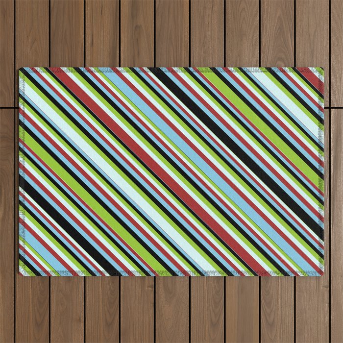 Green, Light Cyan, Brown, Sky Blue & Black Colored Striped Pattern Outdoor Rug