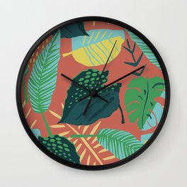 Tropical Palm Leaves Pattern On Mango-Orange Background Wall Clock