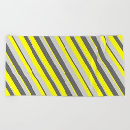 [ Thumbnail: Dim Grey, Yellow & Light Gray Colored Stripes/Lines Pattern Beach Towel ]