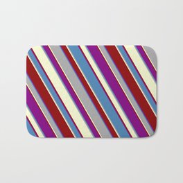 [ Thumbnail: Colorful Purple, Blue, Dark Grey, Light Yellow, and Dark Red Colored Striped/Lined Pattern Bath Mat ]