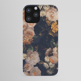 Antique Botanical Peach Roses And Chamomile Midnight Garden iPhone Case | Floral, Garden, Rose, Night, Antique, Vintage, Exotic, Pattern, Springflowers, Flowers 