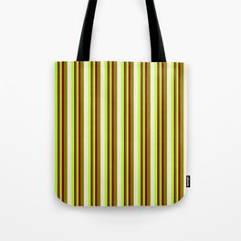 [ Thumbnail: Light Green, Dark Red, Green, and Beige Colored Lines Pattern Tote Bag ]