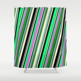 [ Thumbnail: Vibrant Green, Orchid, Forest Green, Beige & Black Colored Striped Pattern Shower Curtain ]