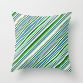 [ Thumbnail: Eye-catching Blue, Dark Gray, Light Yellow, Green, and Powder Blue Colored Lined Pattern Throw Pillow ]