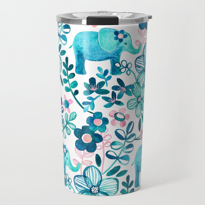 Dusty Pink, White and Teal Elephant and Floral Watercolor Pattern Travel Mug